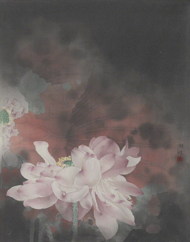 Chen Xiangbo's "Lotus Evening Light" 41cm×53cm Silk Edition Color Setting 2017